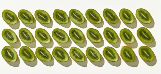 Poster - Sliced Kiwi Fruit Arrangement Displaying Vibrant Green Flesh and Textured Skin in Neat Rows, copy space for text