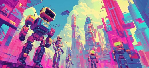 Poster - Futuristic robots in vibrant cityscape, towering structures, colorful clouds, advanced technology, digital art, sci-fi aesthetics, copy space for text
