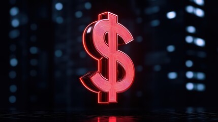 Poster - Neon Dollar Sign Glowing Against Dark Urban Background at Night
