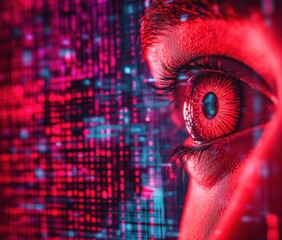 Poster - Digital Eye with Red Glowing Iris Surrounded by Data Streams and Binary Code, Symbolizing Technology and Surveillance, copy space for text