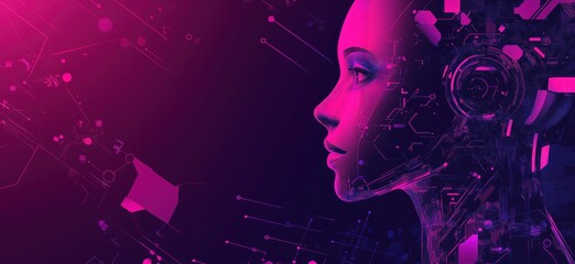 Poster - Futuristic AI Profile with Digital Circuitry and Neon Colors, Showcasing Human-Robot Integration and Advanced Technology, copy space for text