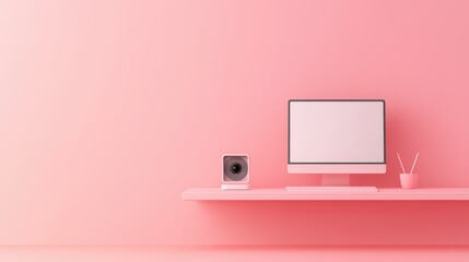 Poster - Stylish Minimalist Workspace with Pink Background and Computer Monitor