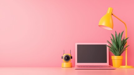 Poster - Stylish Home Office Setup with Pink Background and Yellow Accents