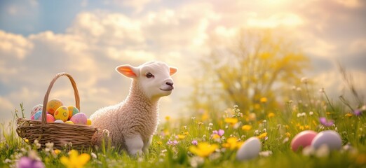 Wall Mural - Cute lamb in vibrant spring meadow with colorful Easter eggs in basket, surrounded by blooming flowers and soft sunlight, copy space for text