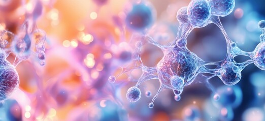 Poster - Molecular structures with vibrant colors showcasing intricate details of cells and biological processes, copy space for text
