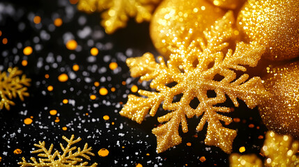 Wall Mural - Glittering Gold Snowflakes and Ornaments Create a Festive Scene on a Dark Background