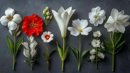 Wall Mural - Flat lay of various white and red flowers on dark background.