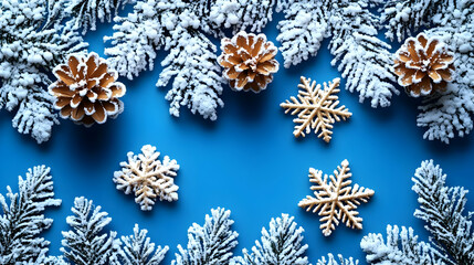 Sticker - Snowy Pine Branches and Golden Snowflakes Adorn a Vibrant Blue Holiday Backdrop