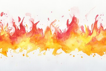 Wall Mural - Watercolor painting of fiery orange and red flames on white background.