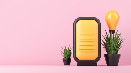 Poster - Bright Yellow Light Bulb and Orange Cabinet with Green Plants
