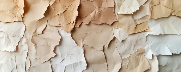 Poster - Textured layers of crumpled paper in various shades of beige, cream, and white showcasing natural color variations and organic patterns, copy space for text