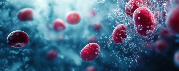 Poster - Red cells suspended in water with bubbles, showcasing microscopic view of biological elements, vibrant colors and dynamic movement, copy space for text