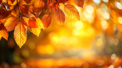 Wall Mural - Golden Autumn Leaves Glow Beautifully in the Warm Sunlight with Blurry Background.