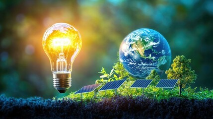 Wall Mural - A concept of green innovation featuring a glowing bulb with a miniature Earth, trees, and solar panels, set on a blue-themed backdrop