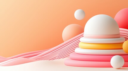 Wall Mural - Colorful 3D Shapes with Soft Waves on a Gradient Background