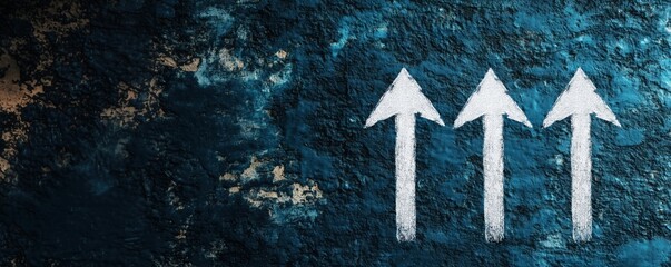 Poster - Three upward arrows symbolizing growth and progress on textured blue background, copy space for text