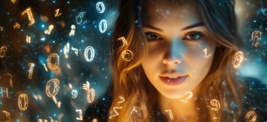 Poster - Digital woman portrait surrounded by glowing numbers and cosmic elements, representing technology, data, and the future of digital interaction, copy space for text
