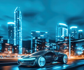 Poster - Futuristic electric car racing through neon-lit cityscape at night, showcasing advanced technology and sleek design, copy space for text