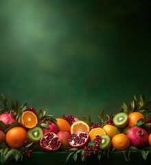Poster - Vibrant display of assorted fruits including oranges, pomegranates, kiwis, and apples against a rich green background, copy space for text