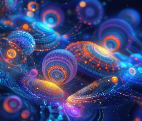 Poster - abstract cosmic landscape with glowing spheres and intricate patterns, vibrant colors, digital art r