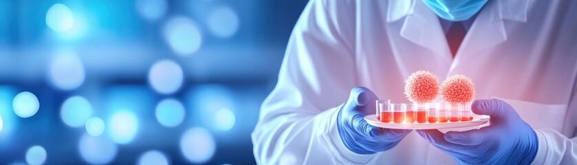 Poster - Dedicated Doctor Holding Tray with Blood Sample in Modern Laboratory Setting Capturing Focus and Professionalism in Medicine