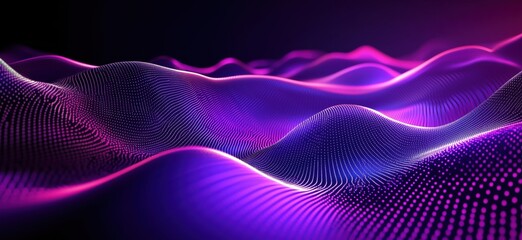 Poster - Abstract digital landscape with flowing waves of purple and pink light, showcasing intricate patterns and textures in a mesmerizing 3D space, copy space for text