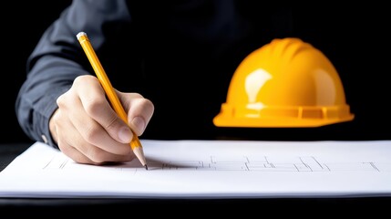 Poster - Construction Worker Writing Plans with Yellow Hard Hat Nearby