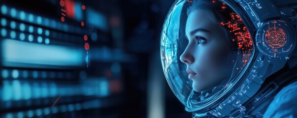 Poster - Astronaut woman in futuristic helmet with digital interface, exploring space technology and data visualization, copy space for text
