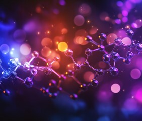Poster - Molecular Structure Visualization with Colorful Bokeh Background, Abstract Representation of Chemistry and Science, copy space for text