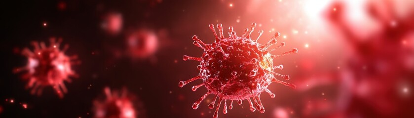 Poster - striking red virus cell isolated against deep black background highlighting intricate structure and 