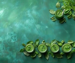 Wall Mural - Green smoothie bowls arranged on vibrant teal background with fresh spinach leaves and herbs, showcasing healthy lifestyle and nutrition, copy space for text