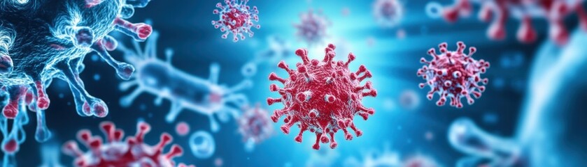 Poster - vibrant red and blue virus structure showcasing intricate cell patterns and details in a scientific 