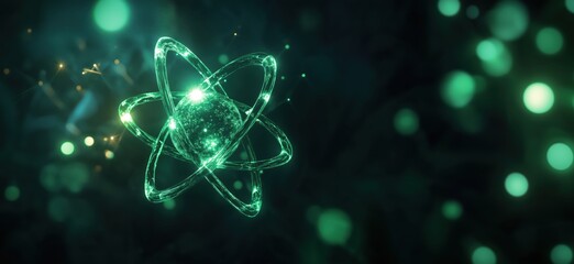 Poster - Green glowing atom model with luminous electrons and abstract background, representing atomic structure and scientific concepts, copy space for text