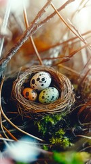 Wall Mural - Nest of speckled eggs surrounded by wildflowers in soft morning sunlight creates a serene natural scene