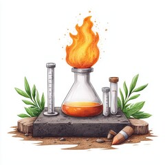 Poster - laboratory setup with burning flask and measurement tools
