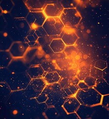Poster - abstract orange hexagonal shapes with glowing particles and bokeh effects in dark background, creati
