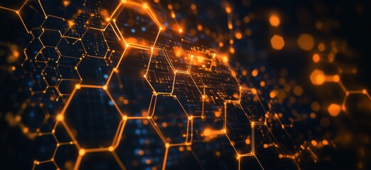 Poster - Hexagonal network structure illuminated with glowing orange lines and particles, representing digital technology and connectivity, copy space for text