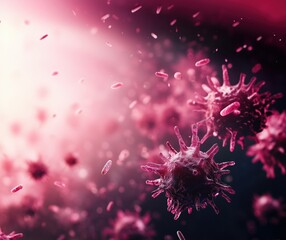 Poster - Microscopic view of viruses in vibrant pink and purple hues, showcasing intricate details of viral structures and their dynamic movement, copy space for text