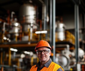 Poster - Industrial worker in safety gear at manufacturing facility, showcasing modern machinery and equipment in background, copy space for text