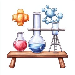 Poster - colorful science laboratory equipment with glass beakers and models