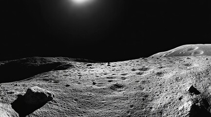 Wall Mural - Lunar landscape, cratered surface, dark sky, bright sun.