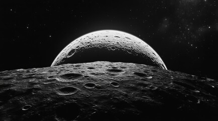 Wall Mural - Cratered moon surface with a celestial body rising above the horizon.