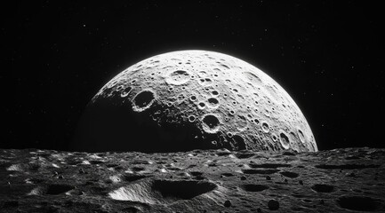 Wall Mural - Moon's cratered surface, half-moon view from space.