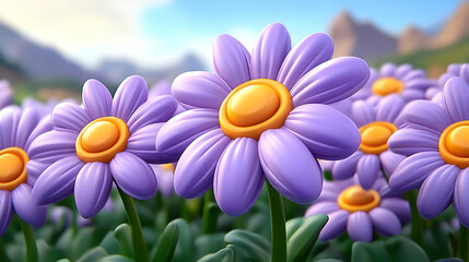 Sticker - 3D Purple Flowers Bloom Vibrantly in a Mountain Meadow, Creating a Whimsical Scene