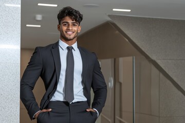 Wall Mural - Successful Indian Businessman Beaming with Confidence in Office Environment