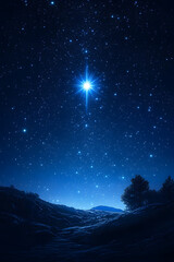 Wall Mural - bright shining star of bethlehem on dark blue starry night sky. star of jesus, christmas star. nativ