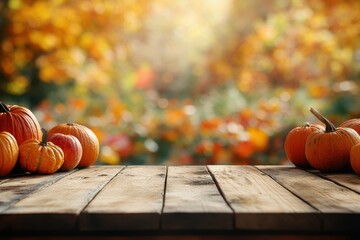 Wall Mural - Autumn pumpkins on wood table, fall foliage background, harvest display