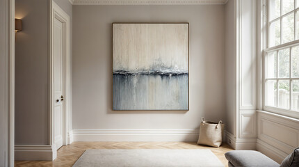 Wall Mural - a large painting of a blue and white landscape hangs on a white wall