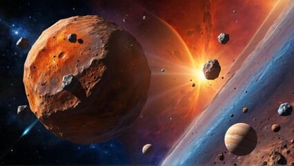 Wall Mural - Asteroids soaring through the vastness of outer space, whirling past vibrant planets adorned with intricate textures and colors