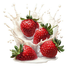 Fototapete - A realistic splash of milk and fresh strawberries dynamically flying in the air 
